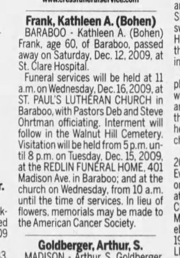 Kathleen A. (Bohen/Milligan) obit WI State Journal (Madison) 13 Dec 2009 pg 32 Sunday